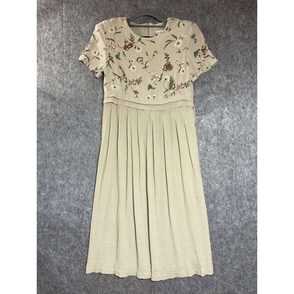 Vintage Dress Womens PM Tan Floral Short Sleeve Midi Cottage Retro Petite Medium
